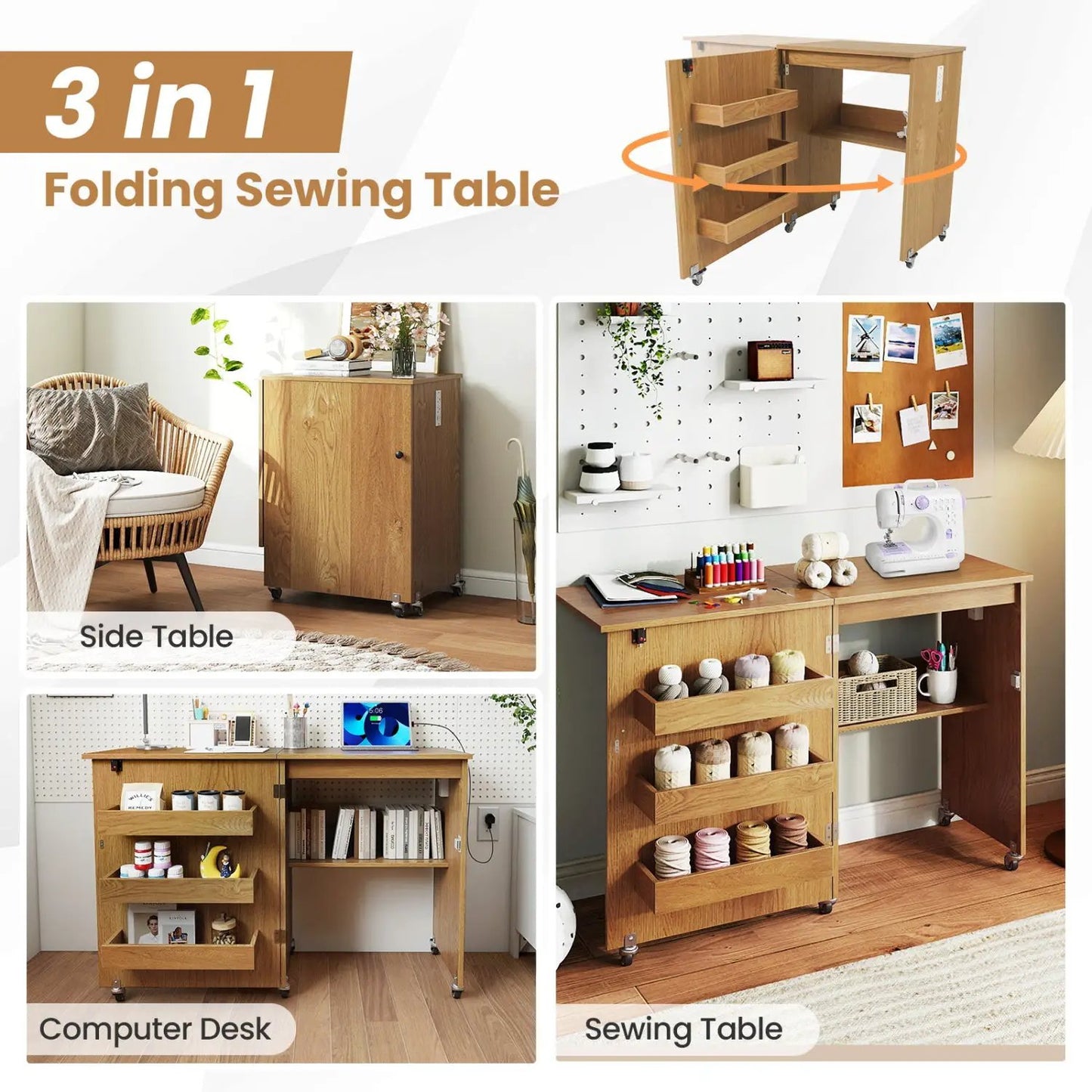 Folding Sewing Table with Charging Station