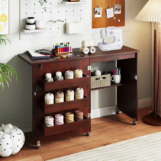 Folding sewing table with charging station and casters, DirectDeals, dark wood finish on Tampa Home & Garden Store