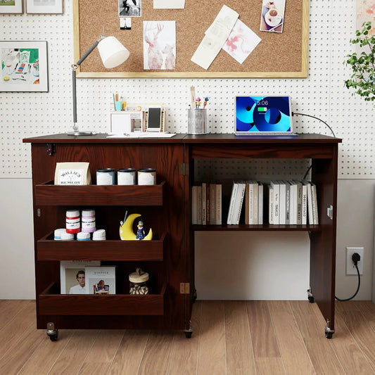 Folding sewing table with charging station and casters, dark wood finish by DirectDeals on Tampa Home & Garden Store