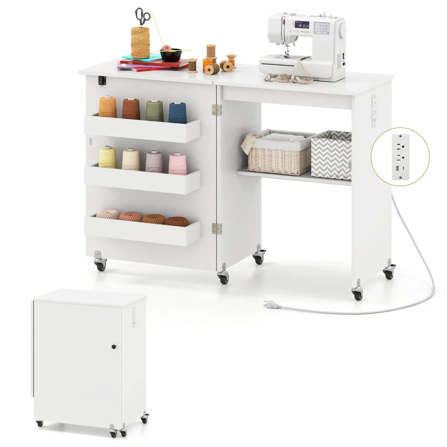 Folding Sewing Table with Charging Station
