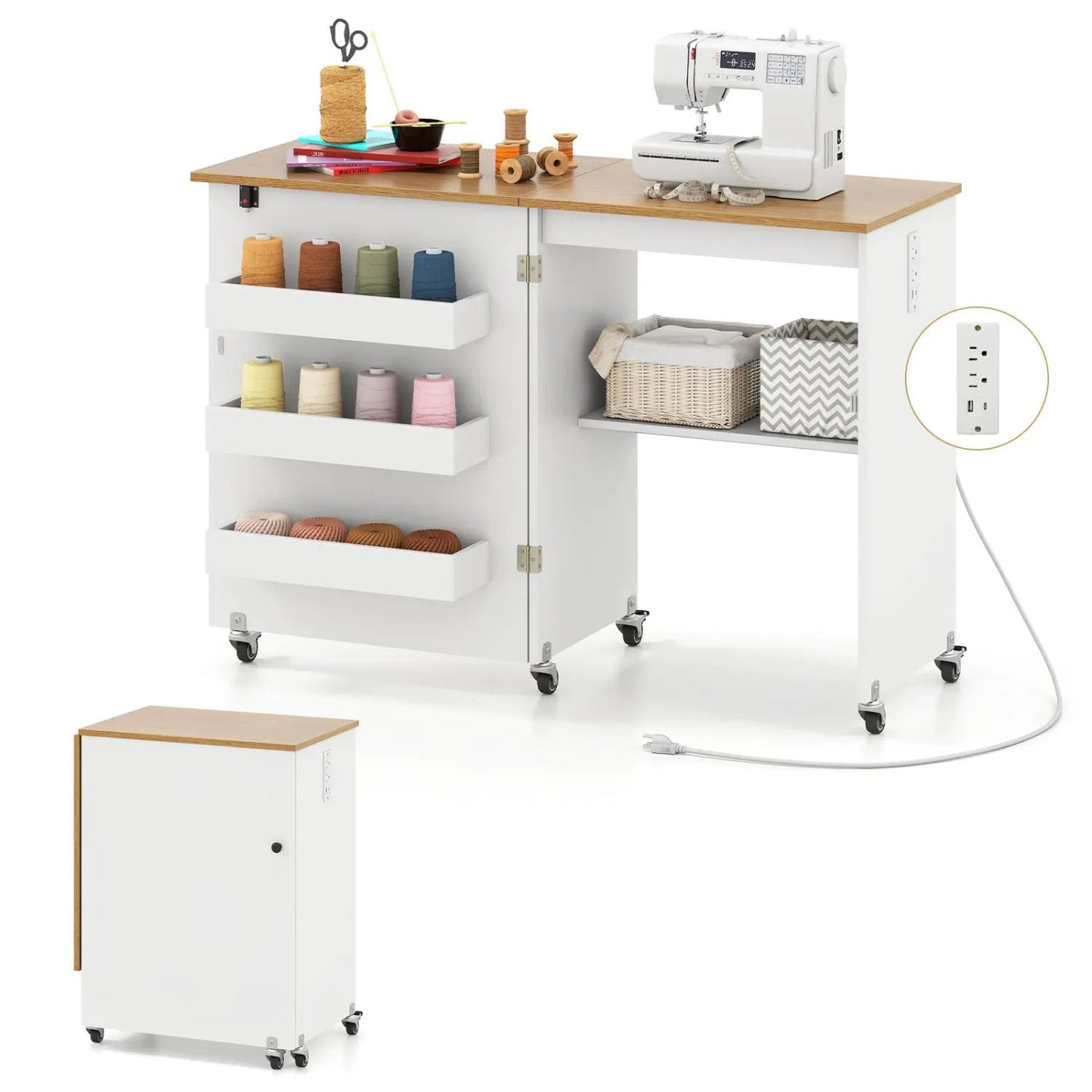 Folding Sewing Table with Charging Station