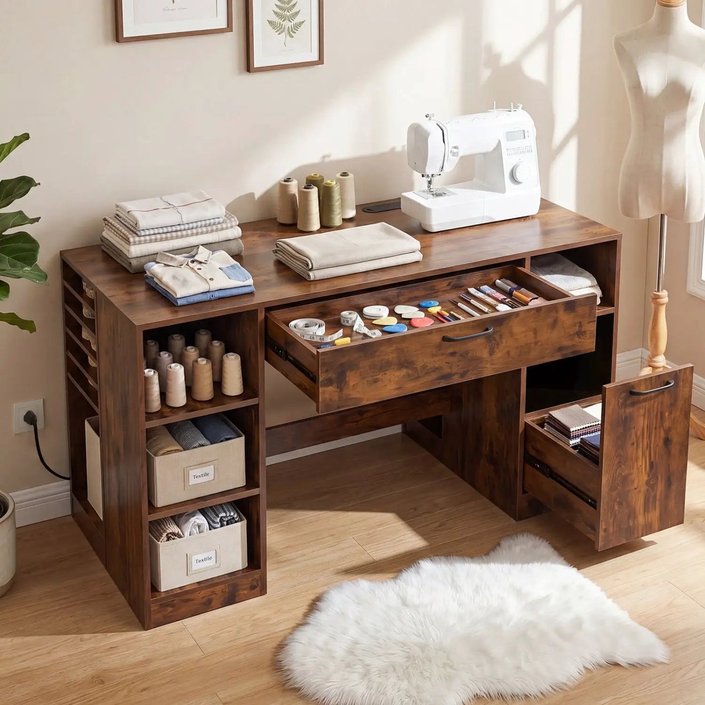 Sewing Table with Power Outlets and Drawers