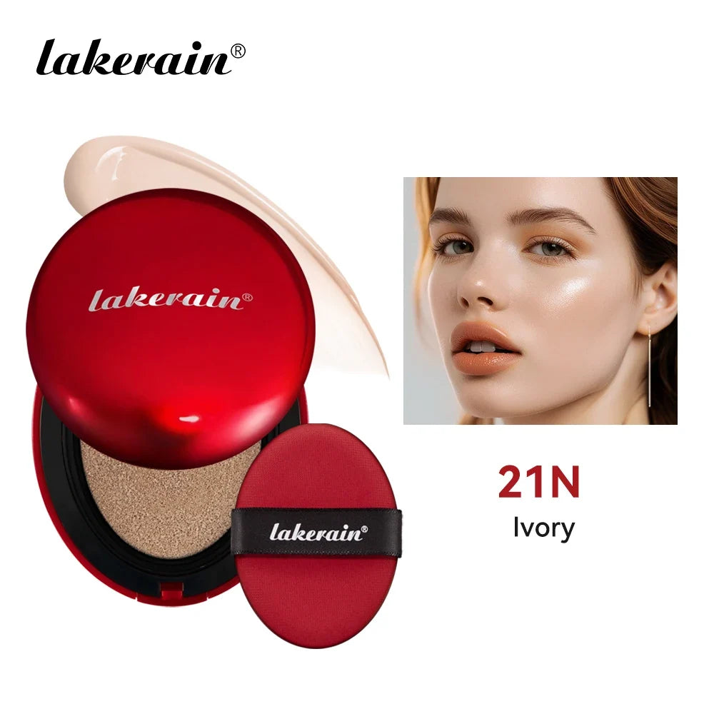 Cushion foundation compact in ivory shade 21N with red puff and lakerain logo on Tampa Home & Garden Store