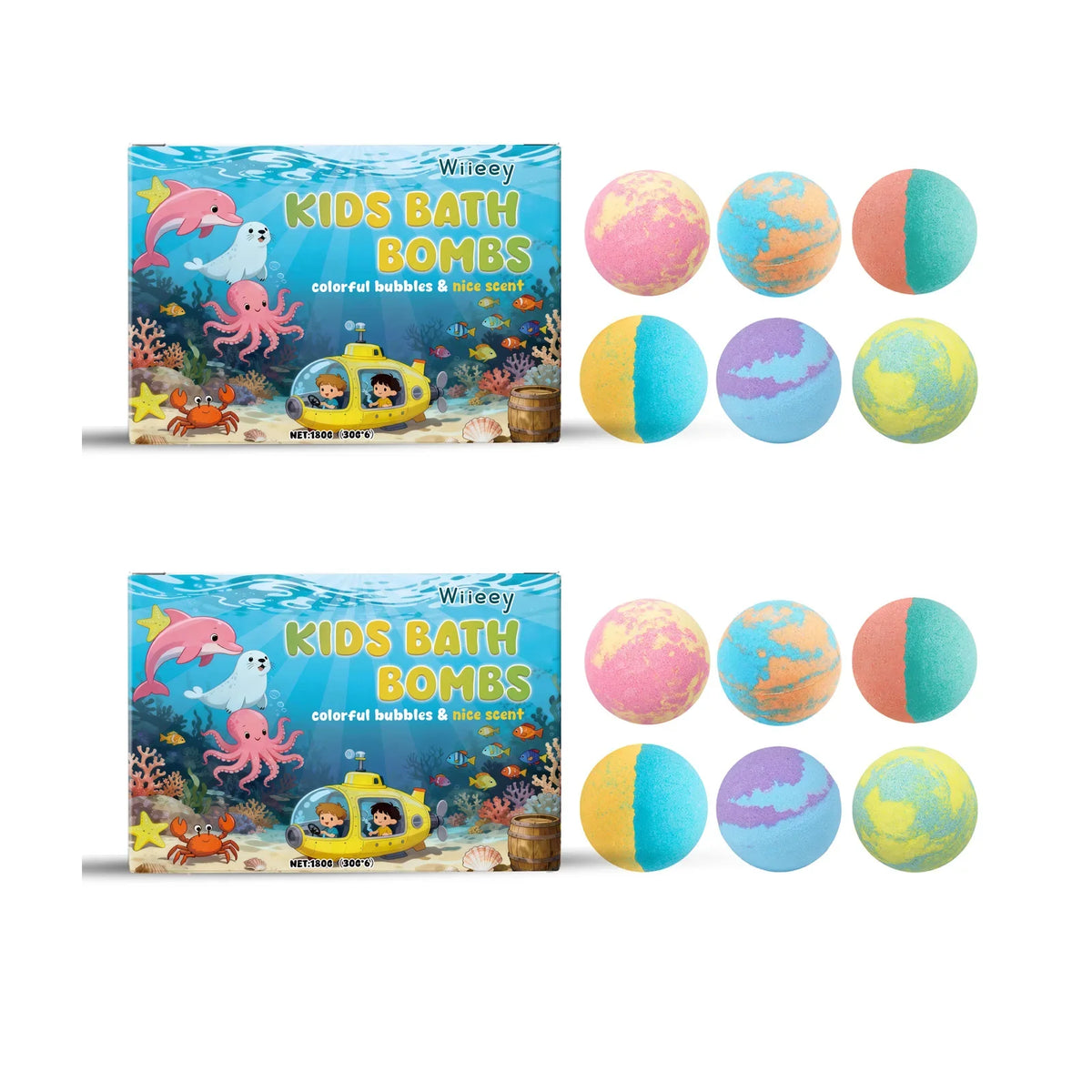 Silcy Skin kids bath bombs set in an ocean-themed box with six colorful marbled balls on Tampa Home & Garden Store