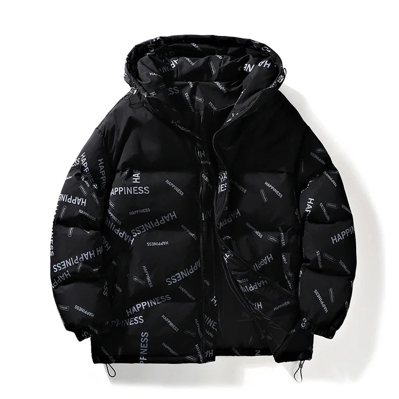 Men Winter Parka black cotton-padded hooded coat with happiness print UpTrend Deals on Tampa Home & Garden Store