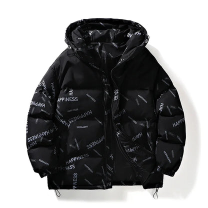Men Winter Parka black cotton-padded hooded coat with happiness print UpTrend Deals on Tampa Home & Garden Store