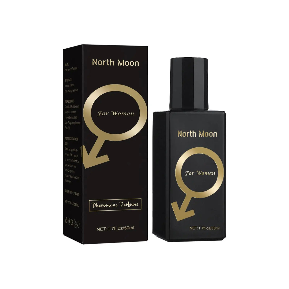 North Moon pheromone perfume bottle and box by Silcy Skin, black with gold logo (2 pcs) on Tampa Home & Garden Store