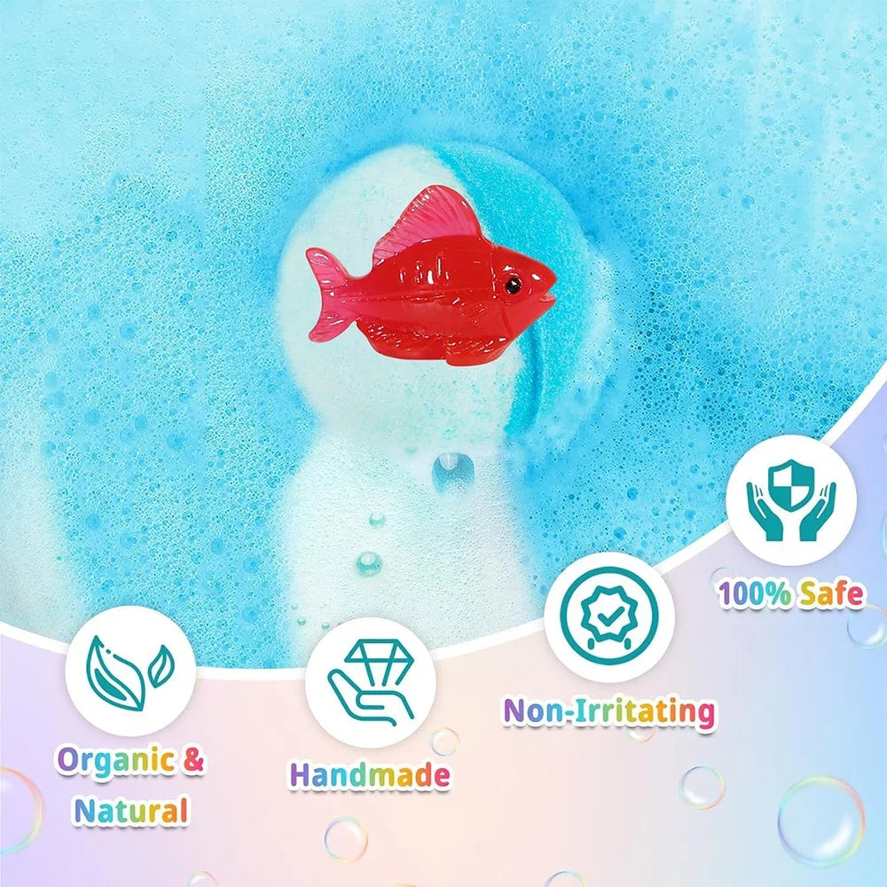 Kids Ocean Bath Salt Set with Surprise Toy, red fish in blue bubbly bath water Silcy Skin on Tampa Home & Garden Store