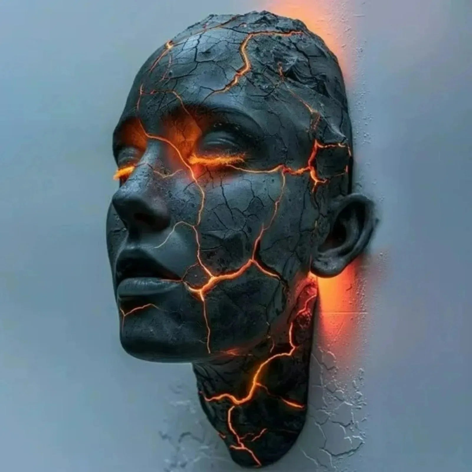 Cracked Soul wall lamp sculpture by Perfecsy in dark resin with glowing lava veins on Tampa Home & Garden Store