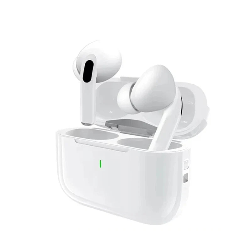 White UEESFIT A5 Bluetooth earbuds in open charging case with green LED indicator on Tampa Home & Garden Store