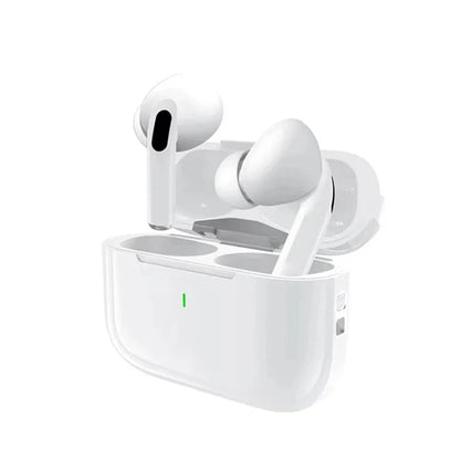 White UEESFIT A5 Bluetooth earbuds in open charging case with green LED indicator on Tampa Home & Garden Store