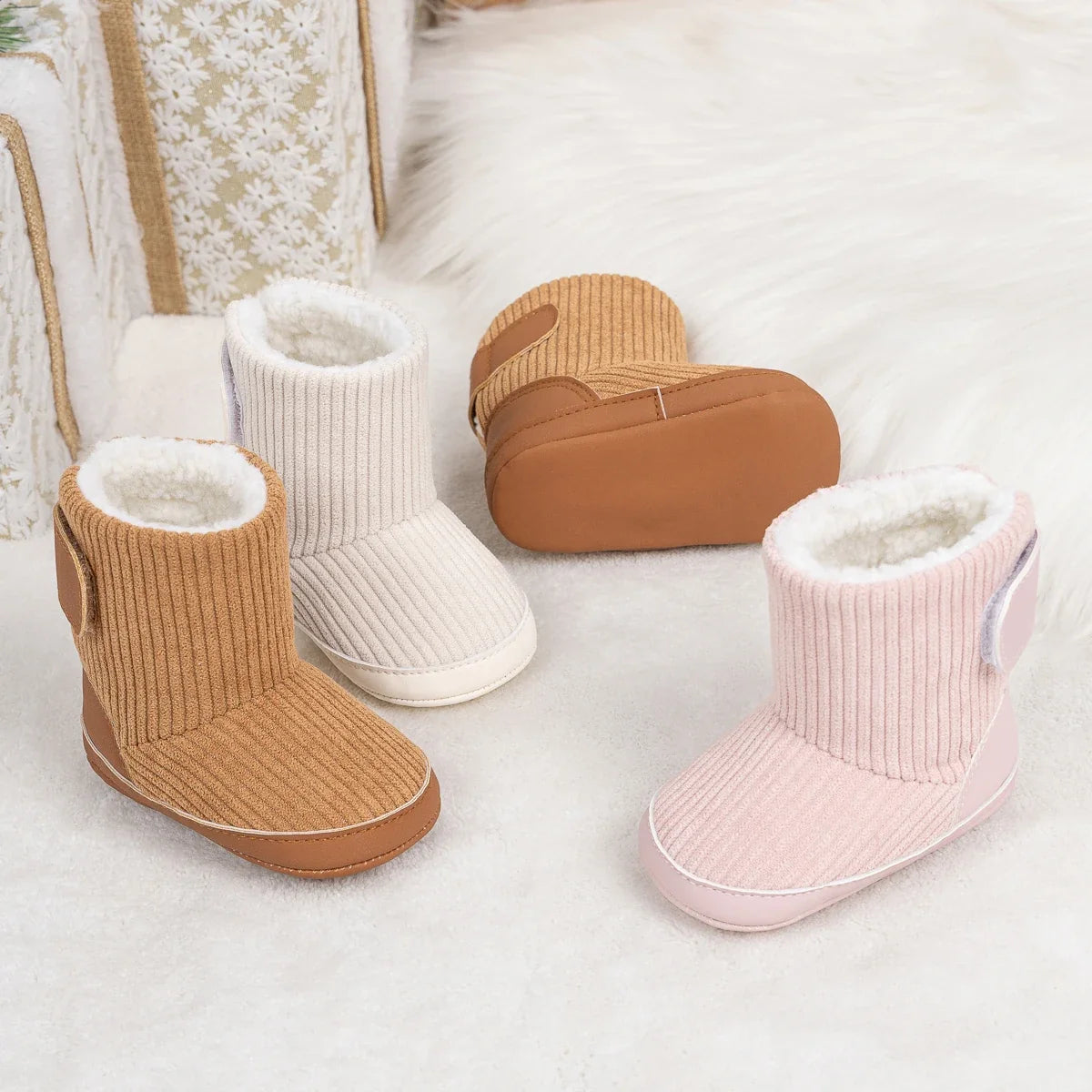 Newborn booties set of four corduroy with plush lining camel ivory pink taupe UpTrend Deals on Tampa Home & Garden Store