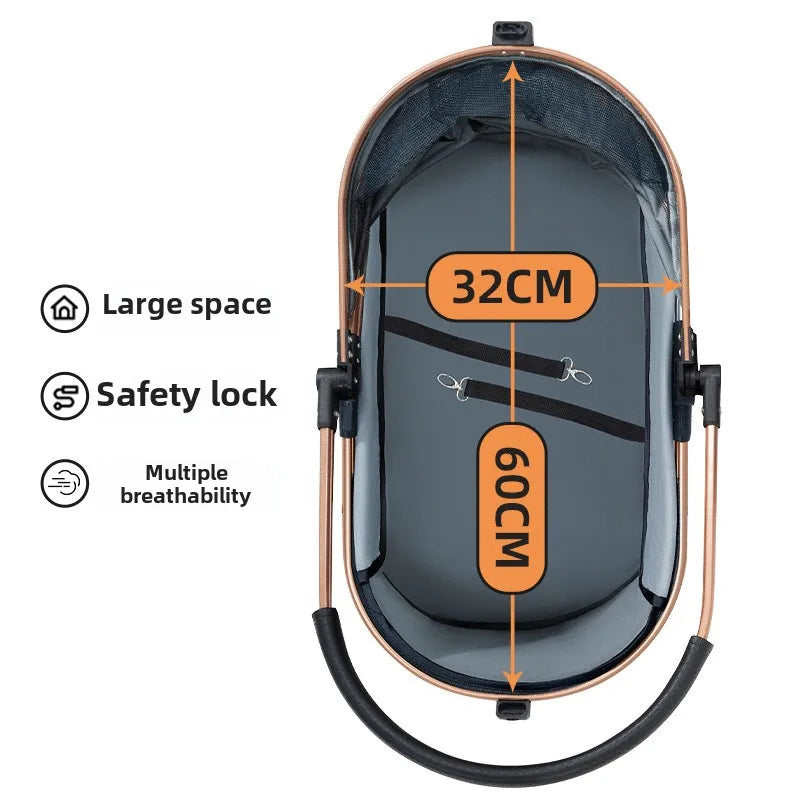 Pet Zen 3 in 1 Folding Pet Stroller with Detachable Carrier, rose-gold frame, grey interior on Tampa Home & Garden Store