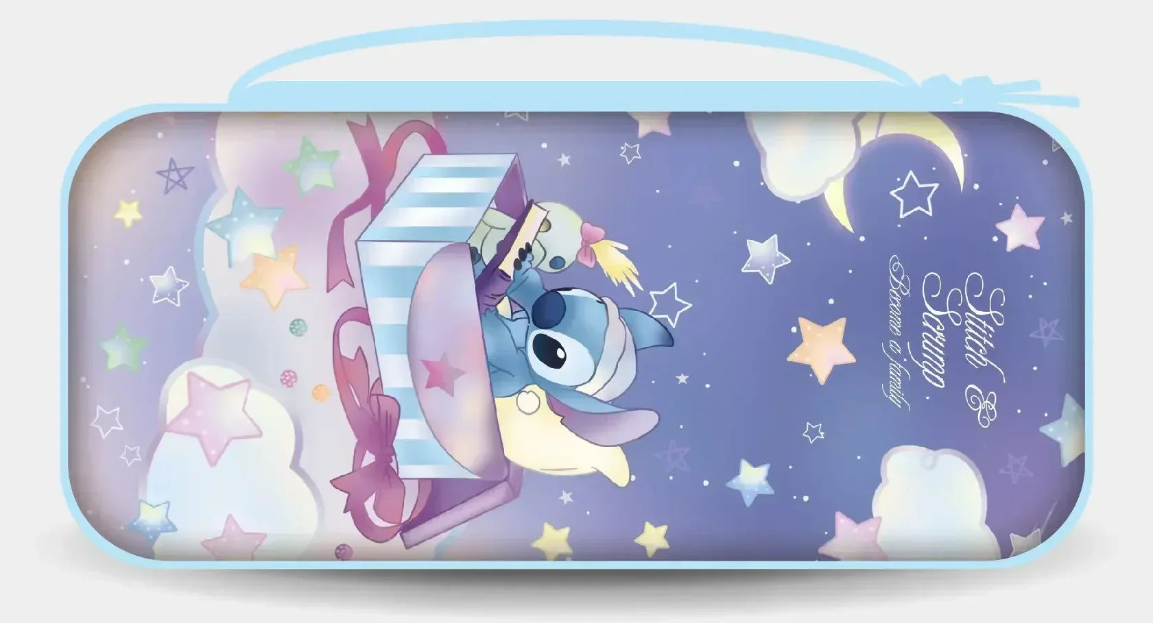 Nintendo Switch storage case with protective shell, blue rounded lid with Stitch art and stars on Tampa Home & Garden Store