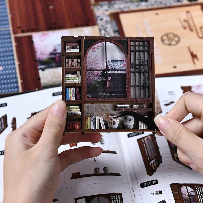 Perfecsy wooden bookend 3D puzzle miniature house with window and shelves brown wood decor on Tampa Home & Garden Store