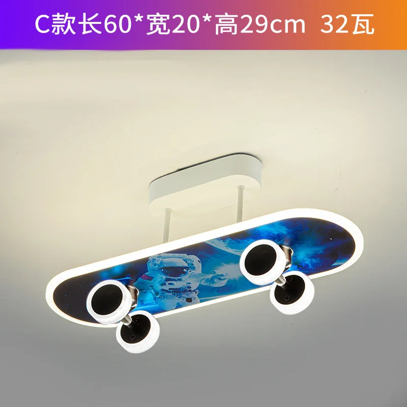 DecorBites Kids Skateboard LED Ceiling Light with blue deck and white rim LED four wheel accents on Tampa Home & Garden Store