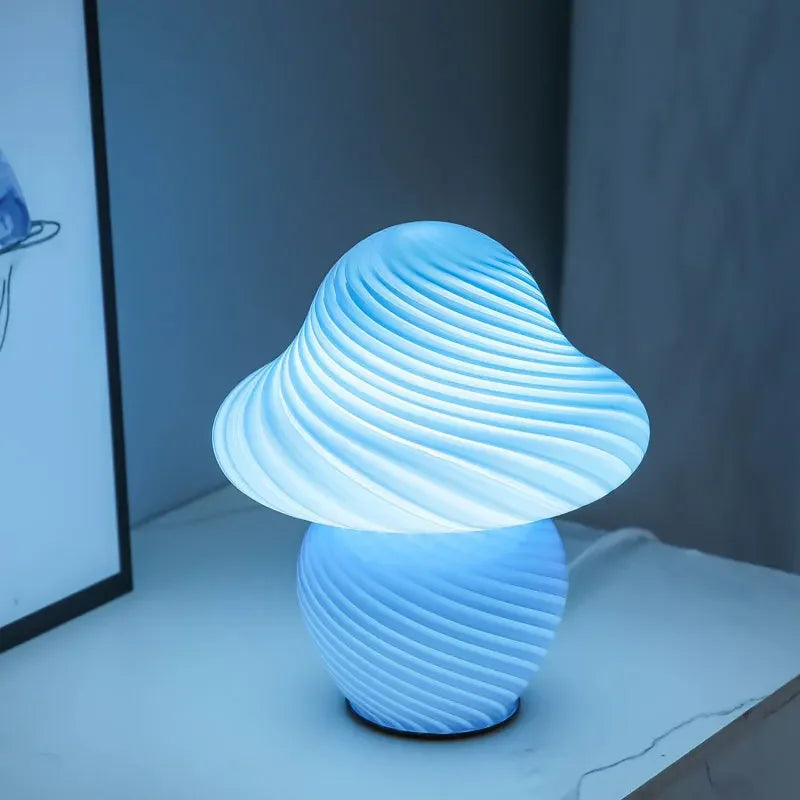 Perfecsy Mushroom LED table lamp blue striped glass mushroom with ambient bedside light on Tampa Home & Garden Store