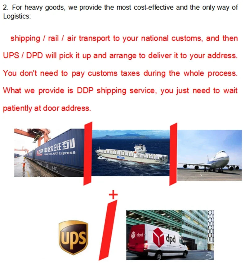 Weightlifting Bench shipping infographic with ships, plane, UPS/DPD logos on Tampa Home & Garden Store