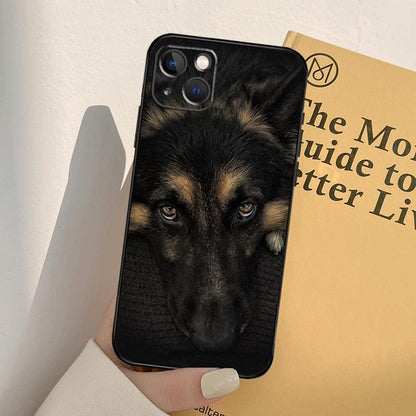 Cartoon German Shepherd phone case for iPhone with close-up dog face print black frame on Tampa Home & Garden Store