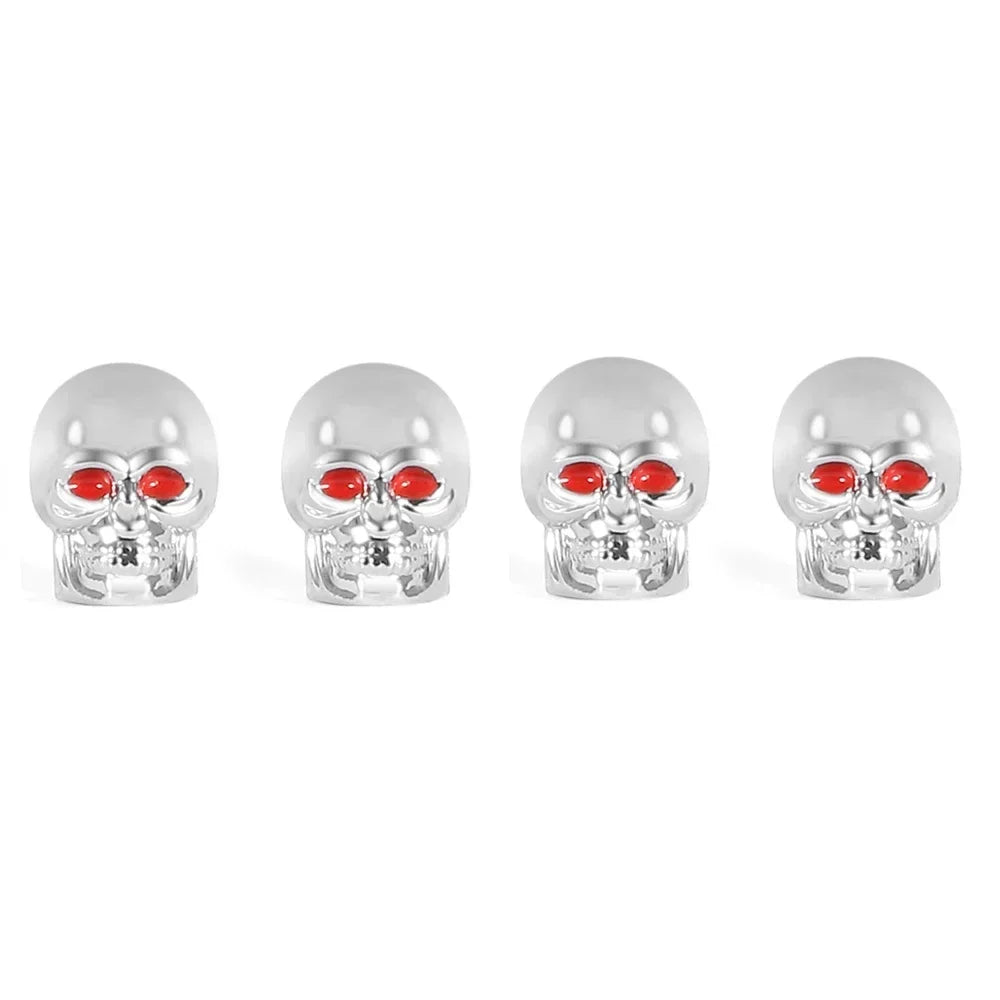 ABS Skull Valve Stem Caps chrome skulls with red eyes by BikerZoneZ, set of 4 on Tampa Home & Garden Store