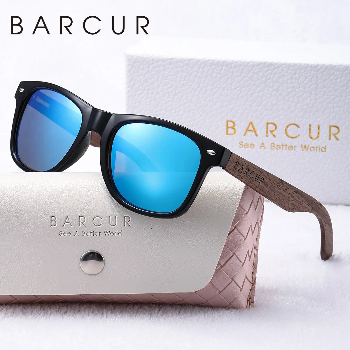 BARCUR oval women's sunglasses with black frame, blue mirrored lenses, wood-textured temples on Tampa Home & Garden Store