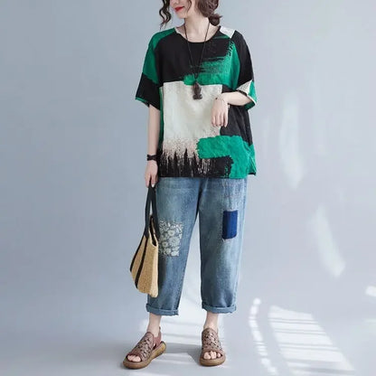 Womens Summer T-shirt UpTrend Deals, loose cotton linen short sleeve, green black print on Tampa Home & Garden Store
