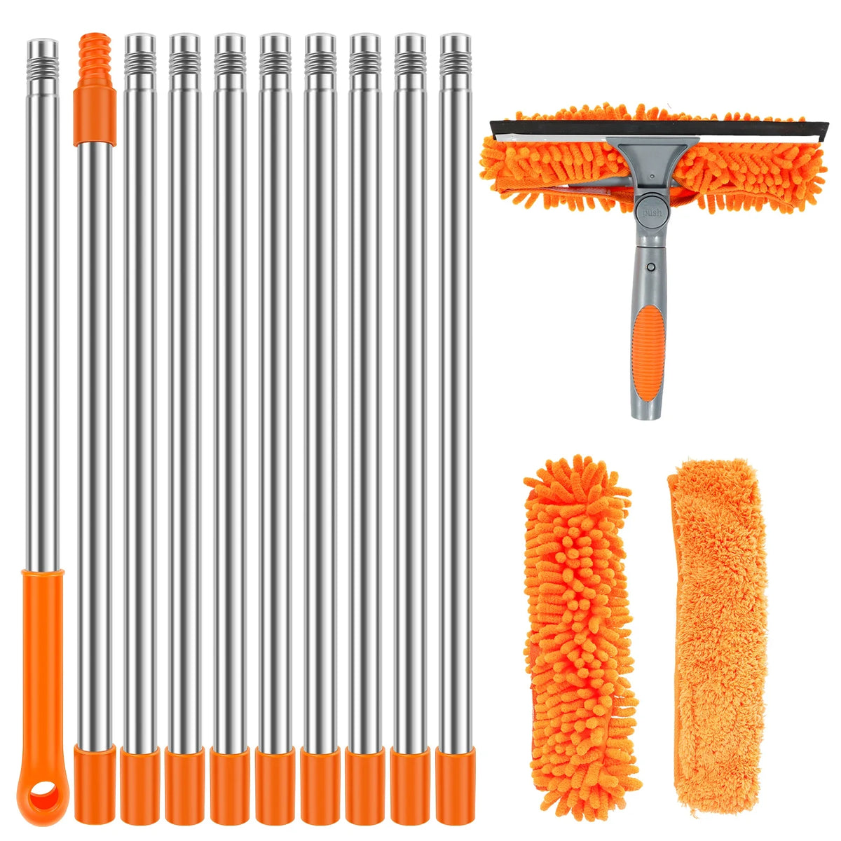Extendable cleaning kit with 10 chrome poles and orange ends, 2-in-1 microfiber squeegee head on Tampa Home & Garden Store