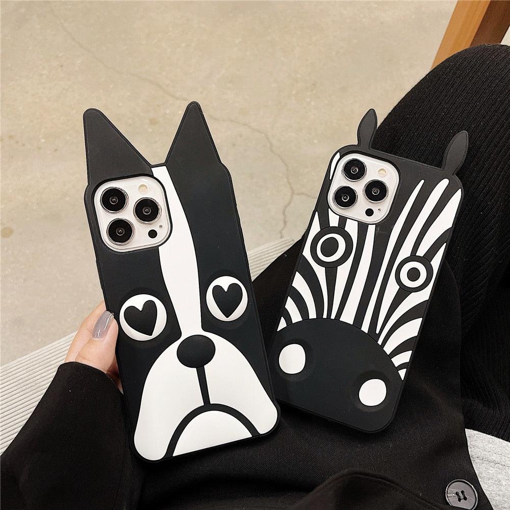 Stevvex 3D dog-ear silicone iPhone case 13 Pro Max; black white puppy faces, 2-pack on Tampa Home & Garden Store