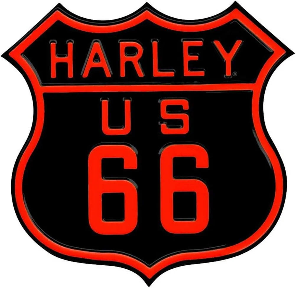 Route 66 American Dreams shield tin sign featuring Harley logo, red 66 on black with red trim on Tampa Home & Garden Store