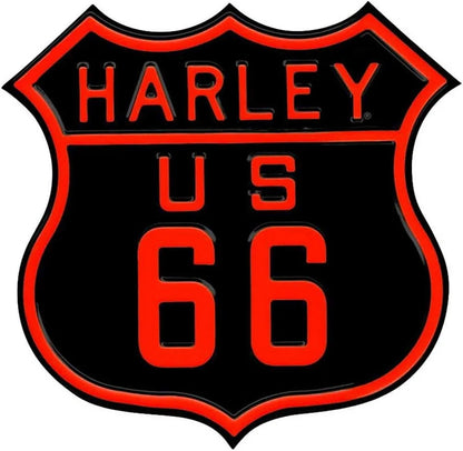Route 66 American Dreams shield tin sign featuring Harley logo, red 66 on black with red trim on Tampa Home & Garden Store