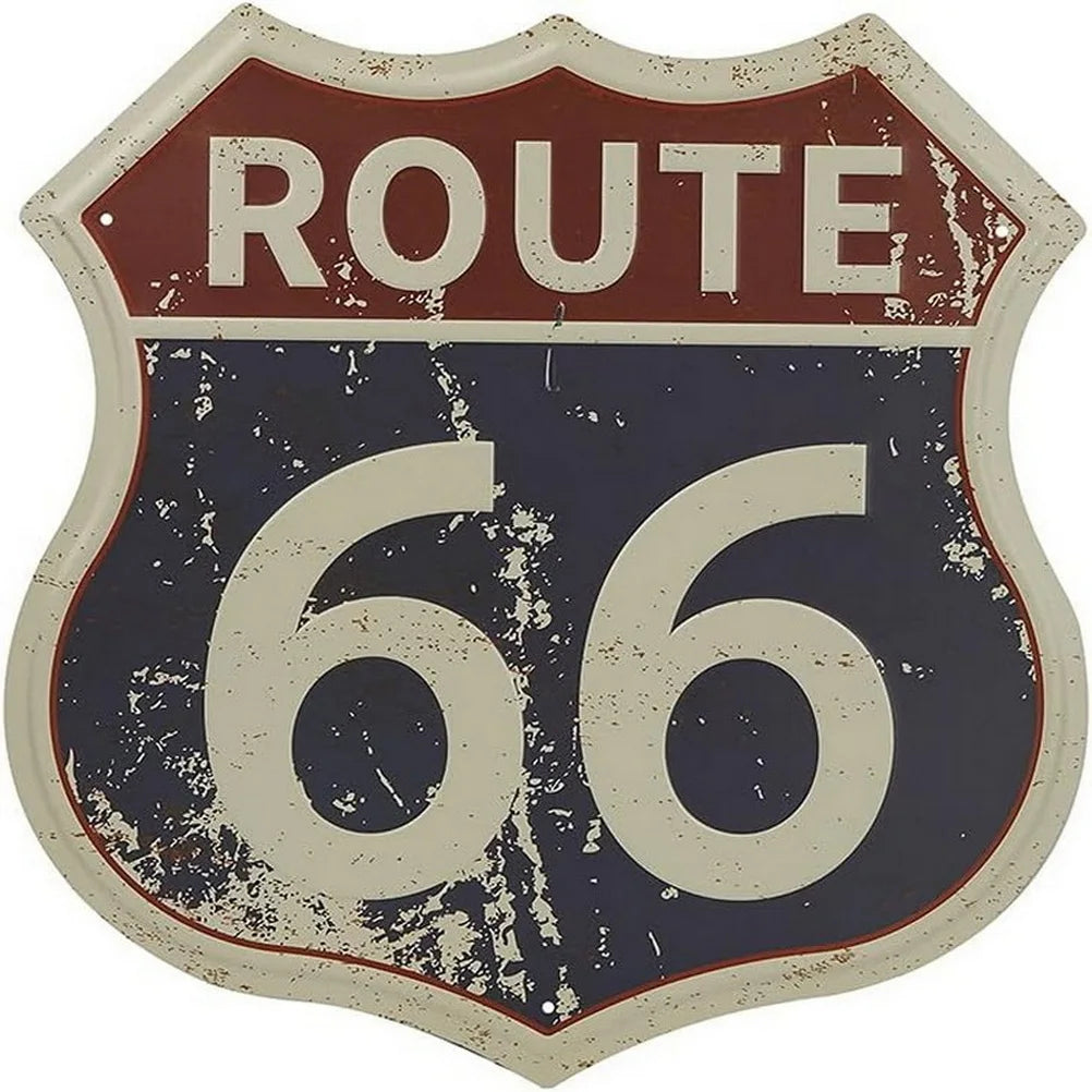 Route 66 shield metal tin sign with red top and large beige 66 on navy field vintage biker decor on Tampa Home & Garden Store
