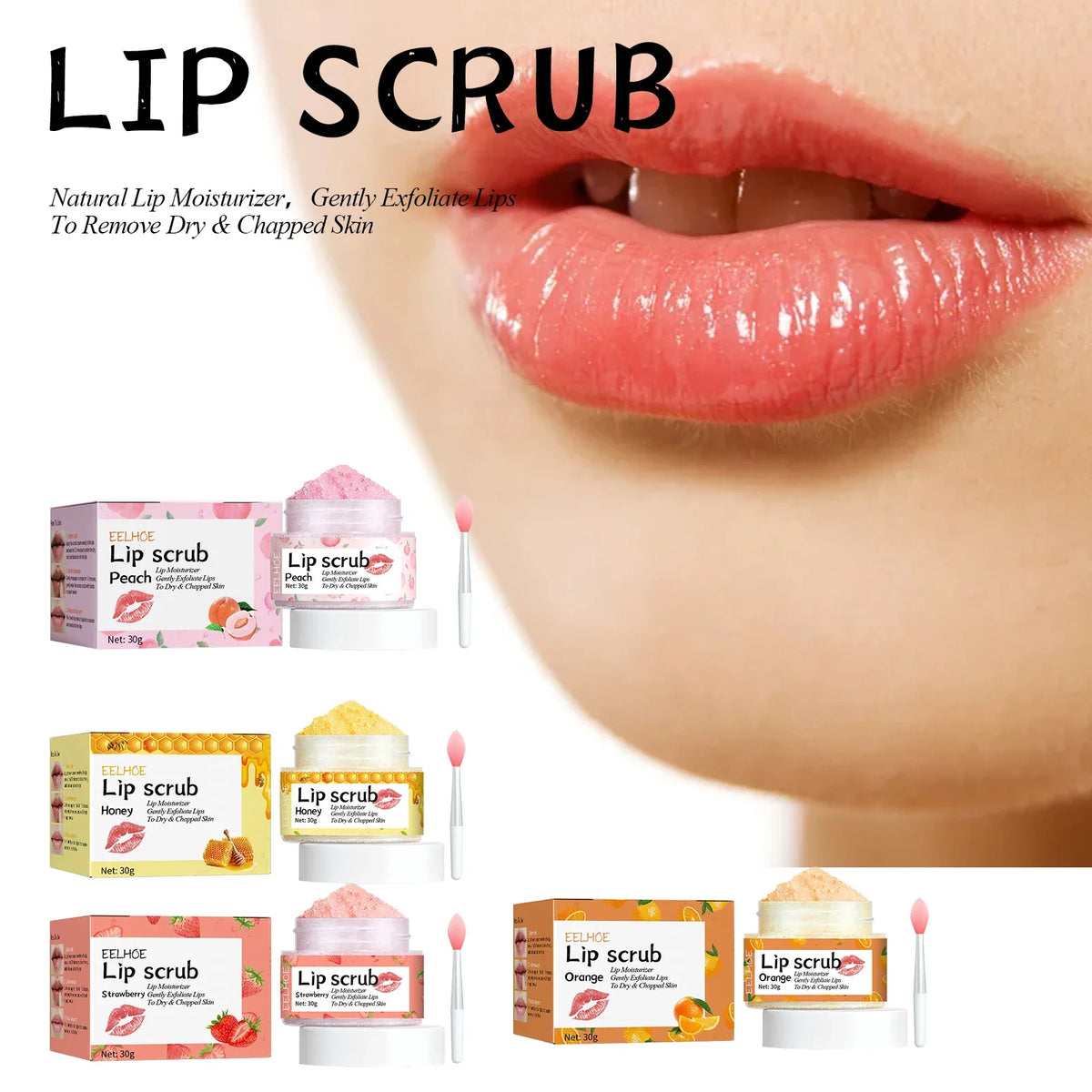 Watermelon Peach Lip Scrub by Silcy Skin, pink jar among assorted lip scrub boxes on Tampa Home & Garden Store