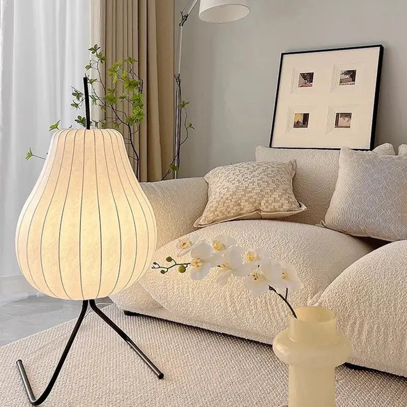 DecorBites Wabi Sabi LED Fabric Floor Lamp with silk shade on black tripod base on Tampa Home & Garden Store