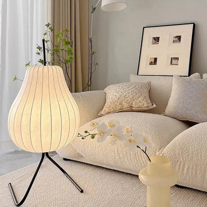 DecorBites Wabi Sabi LED Fabric Floor Lamp with silk shade on black tripod base on Tampa Home & Garden Store