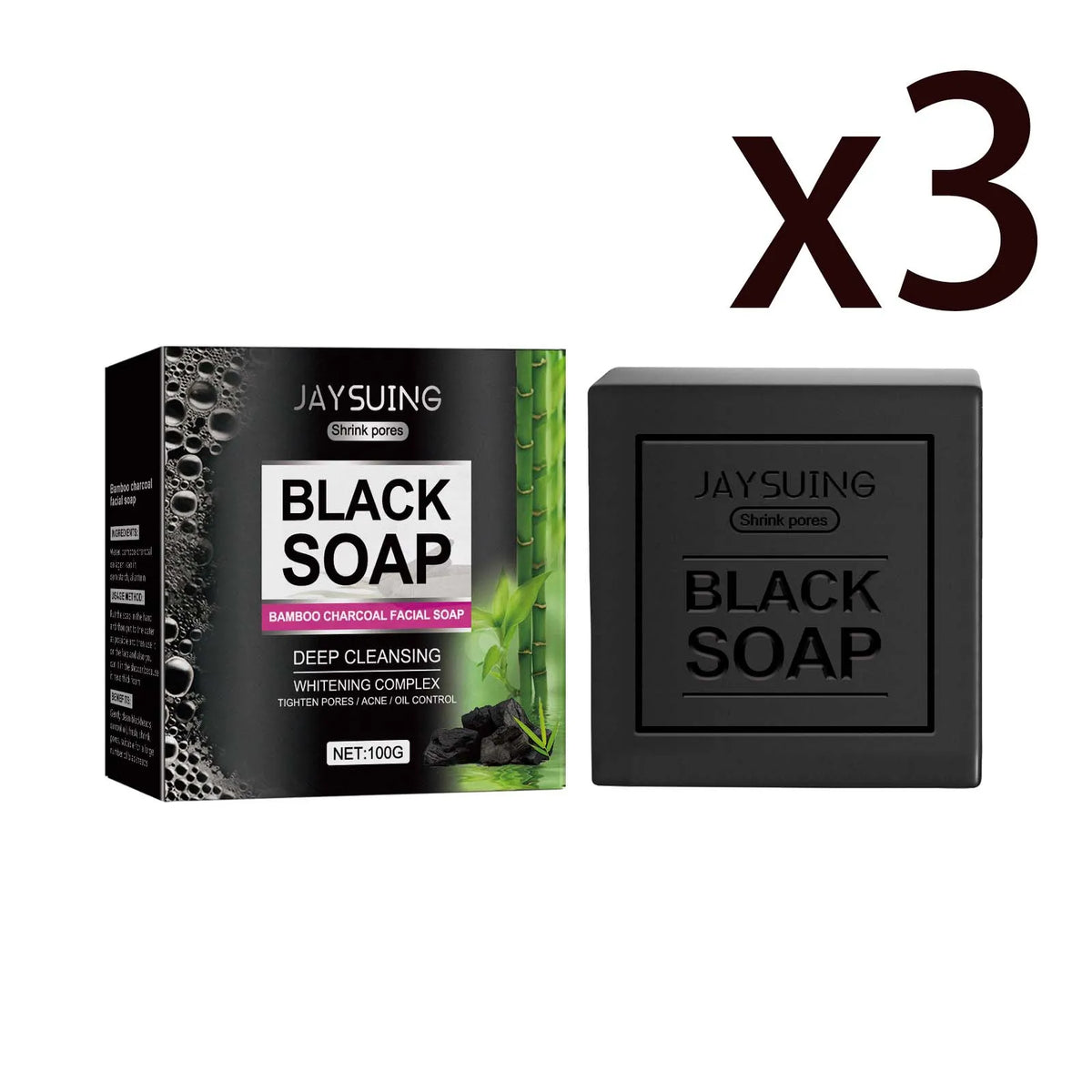 Jaysuing bamboo charcoal black soap facial soap 3-pack with deep cleansing to shrink pores on Tampa Home & Garden Store