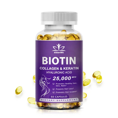 Biotin Collagen & Keratin supplement bottle with yellow capsules, 60 vegetarian capsules on Tampa Home & Garden Store