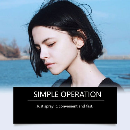 Instant Hair Color Spray Silcy Skin black shade on a model with short black hair by the sea on Tampa Home & Garden Store
