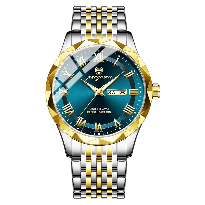 Men's minimalist quartz watch with two-tone steel band, blue dial, date window, water resistant on Tampa Home & Garden Store