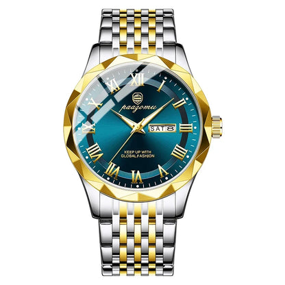 Men's minimalist quartz watch with two-tone steel band, blue dial, date window, water resistant on Tampa Home & Garden Store