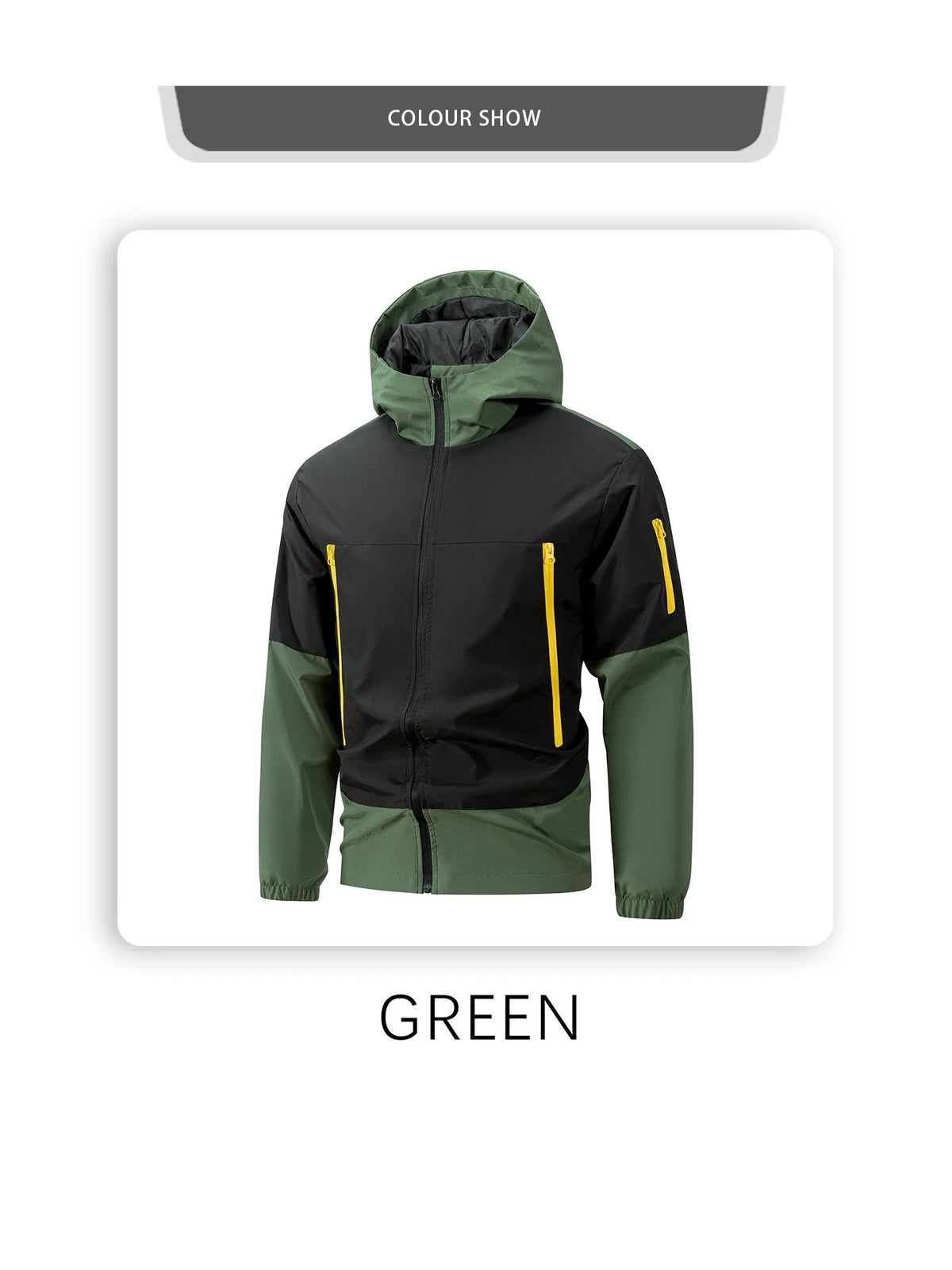 Men windproof hooded jacket black with green sleeves and hood, yellow zip pockets on Tampa Home & Garden Store