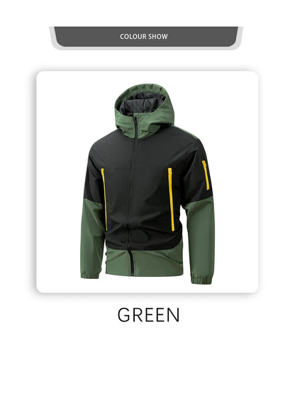 Men windproof hooded jacket black with green sleeves and hood, yellow zip pockets on Tampa Home & Garden Store