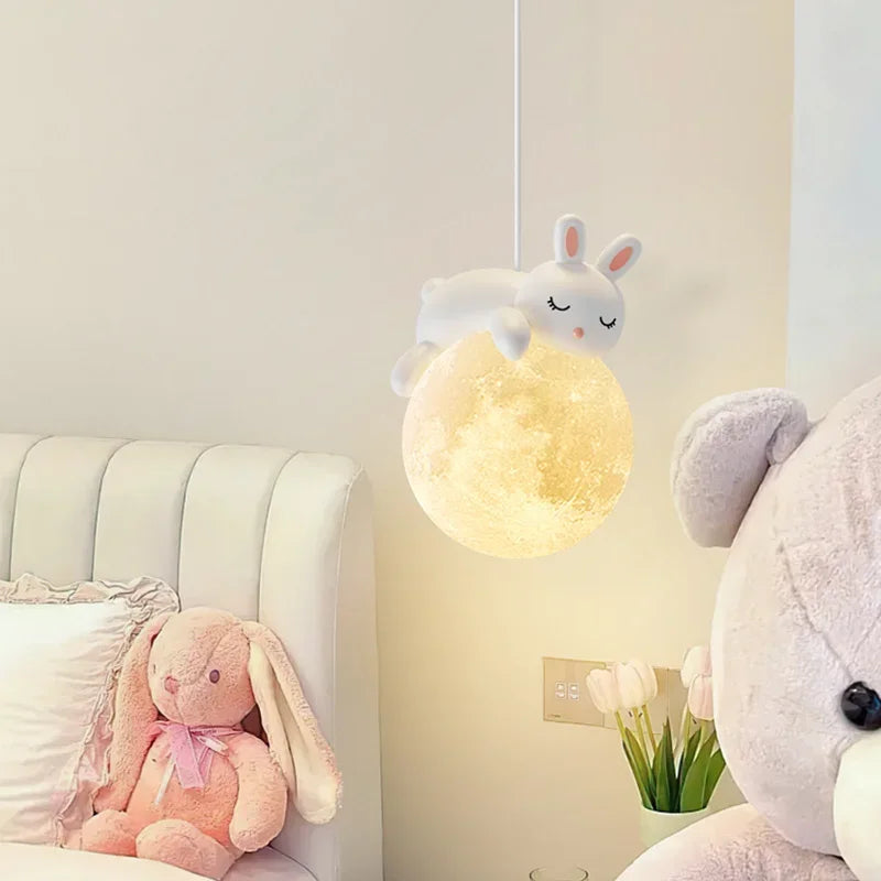 DecorBites white bunny pendant LED light with glowing glass moon, cozy kids room bedside lamp on Tampa Home & Garden Store