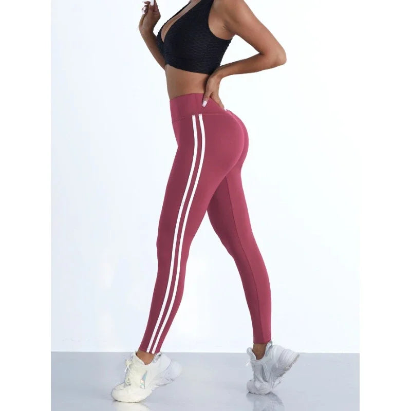 Women's striped yoga leggings slim fit maroon with double white side stripes UpTrend Deals on Tampa Home & Garden Store