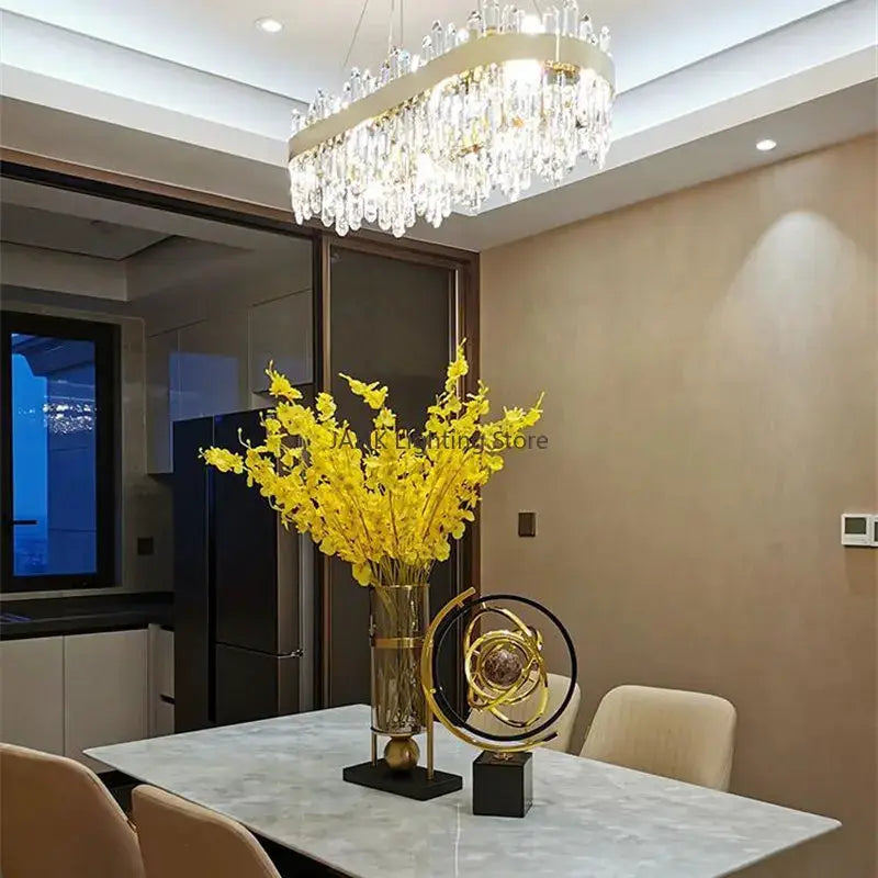 DecorBites Luxe Crystal Chandelier LED pendant light with gold ring and crystal drops on Tampa Home & Garden Store