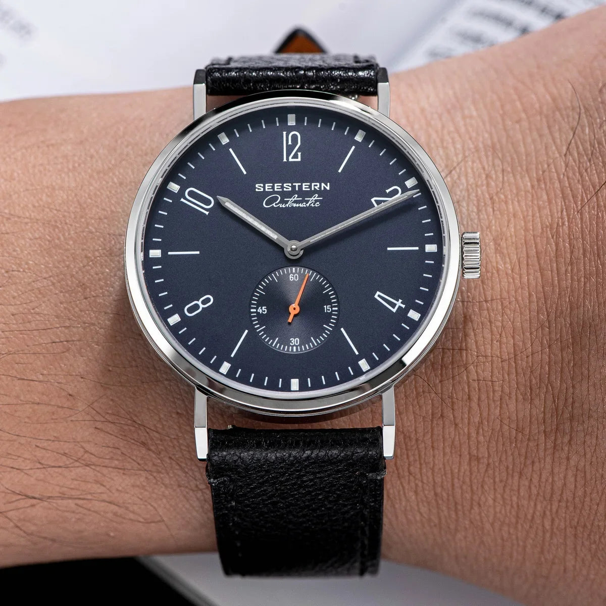 Men's ultra-thin automatic dress watch, blue dial, steel case, black leather strap Seestern on Tampa Home & Garden Store