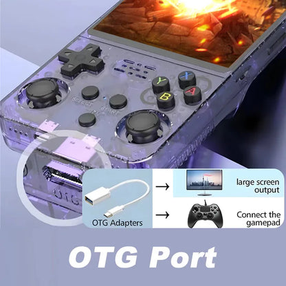 Mini R36S retro handheld game console with transparent purple shell and OTG port on Tampa Home & Garden Store