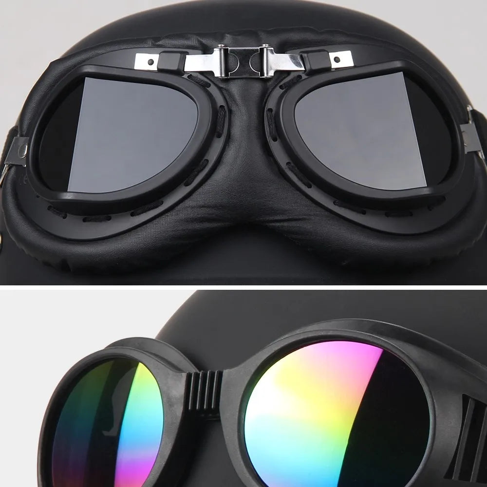 DOT-certified half helmet with retro motorcycle goggles, black leatherette, BikerZoneZ on Tampa Home & Garden Store
