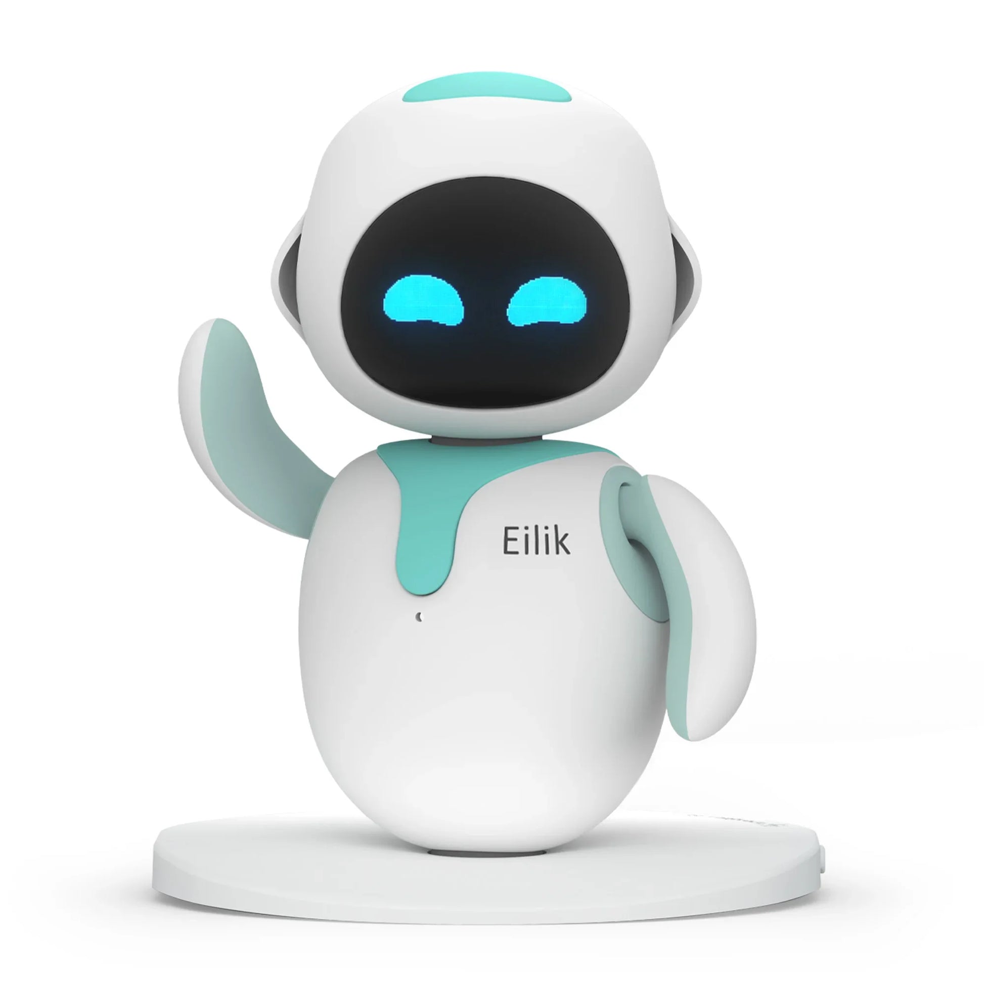 Eilik desk robot with white body, teal accents and blue eyes on Tampa Home & Garden Store