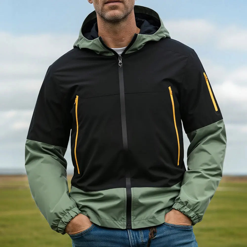 Men Windproof Hooded Jacket by UpTrend Deals, black with olive-green sleeves, yellow zips on Tampa Home & Garden Store