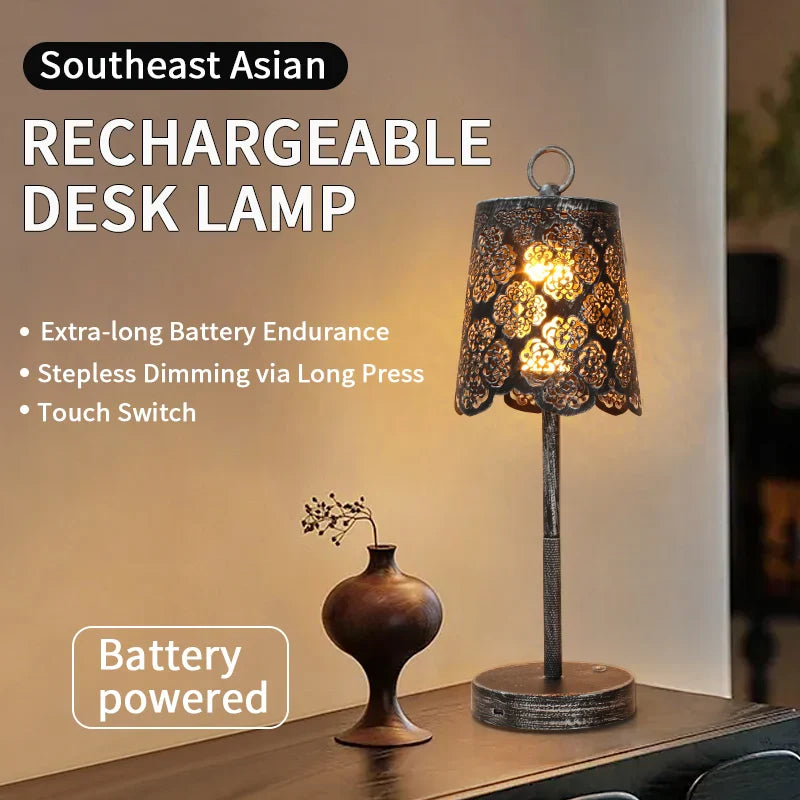 Vintage Wrought Iron Table Lamp Rechargeable Portable LED Ambient Desk Light